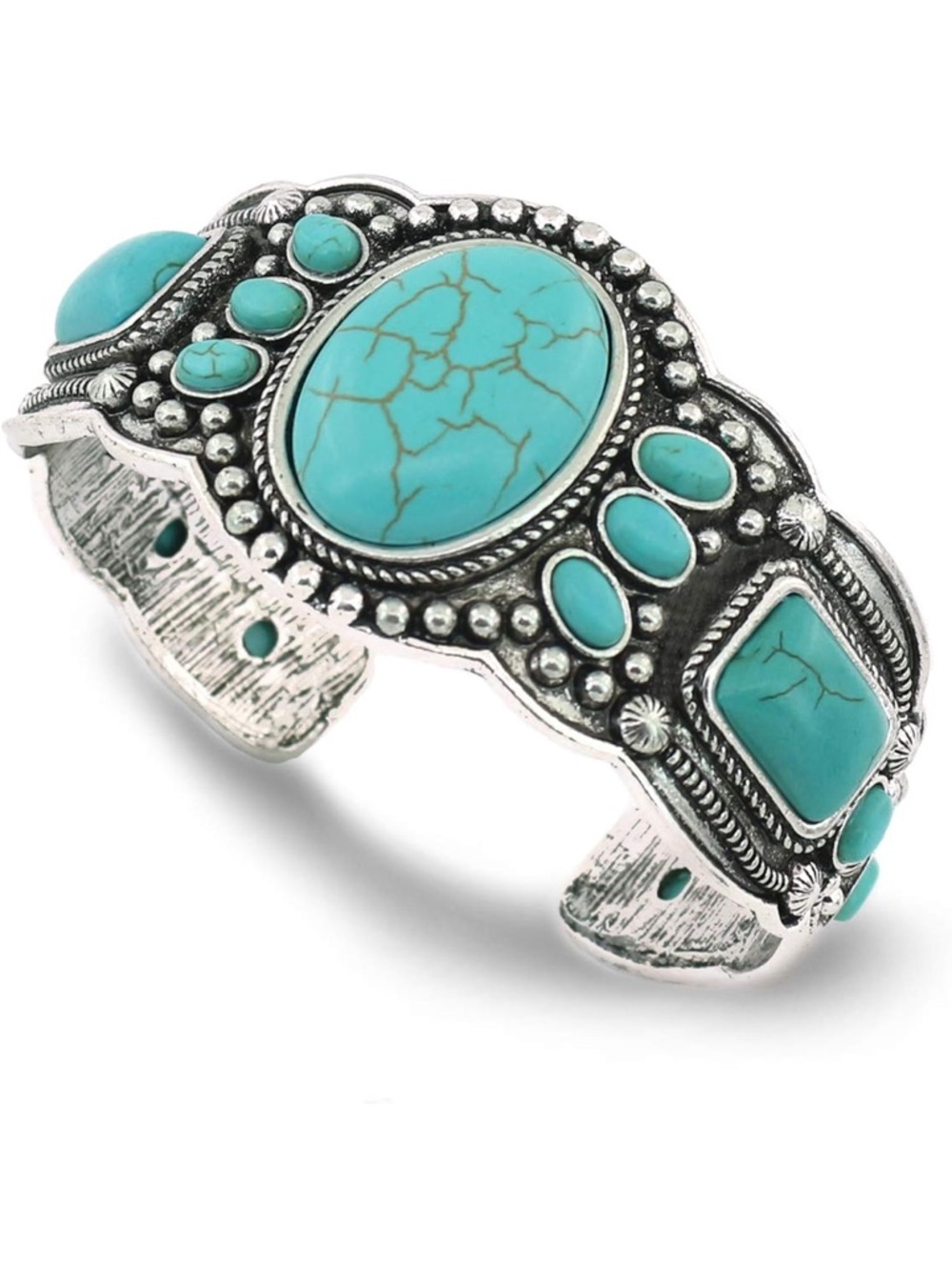 Turquoise Stone Silver-Tone Cuff Bracelet - Unbranded